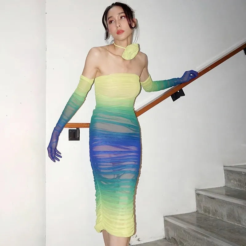 Colorful midi dress with bare shoulders - Mary