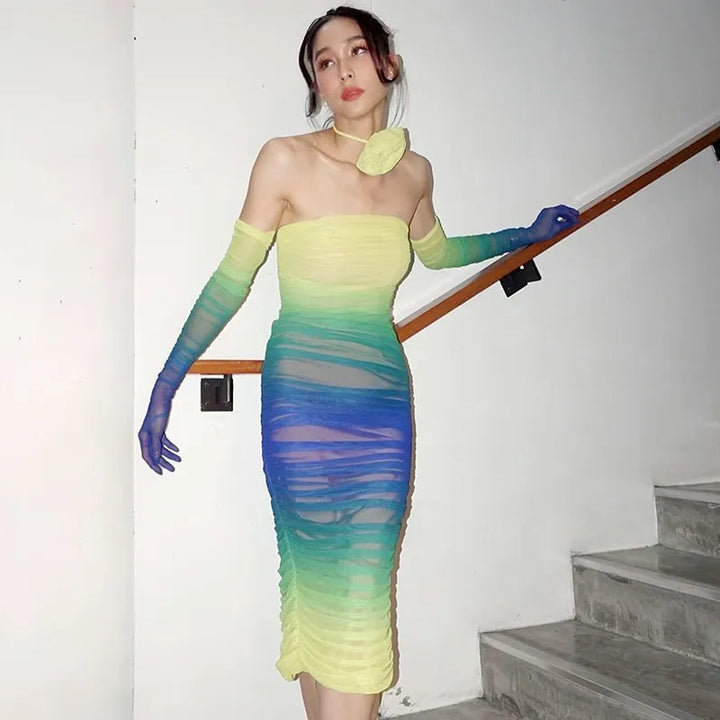 Colorful midi dress with bare shoulders - Mary