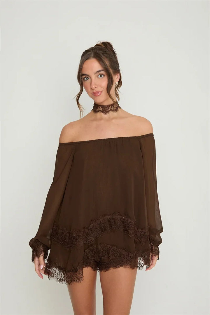 Off-the-shoulder mini dress with lace trim and matching shorts - Mali