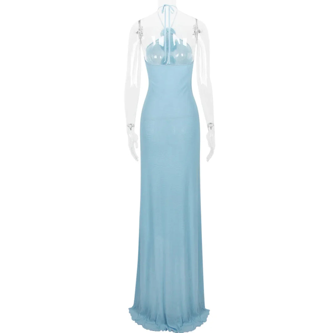 Chiffon Mesh Maxi Dress with Collar and Floral Detail - Florencia