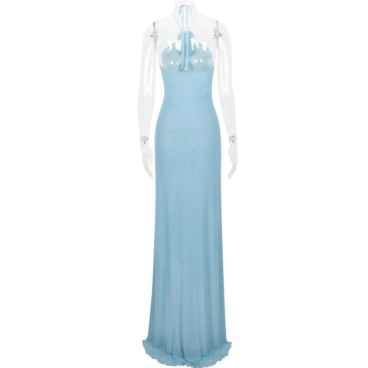Chiffon Mesh Maxi Dress with Collar and Floral Detail - Florencia