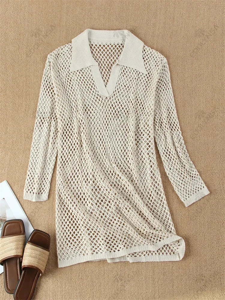 Mesh Mini Beach Dress with Polo Collar Design - Indie