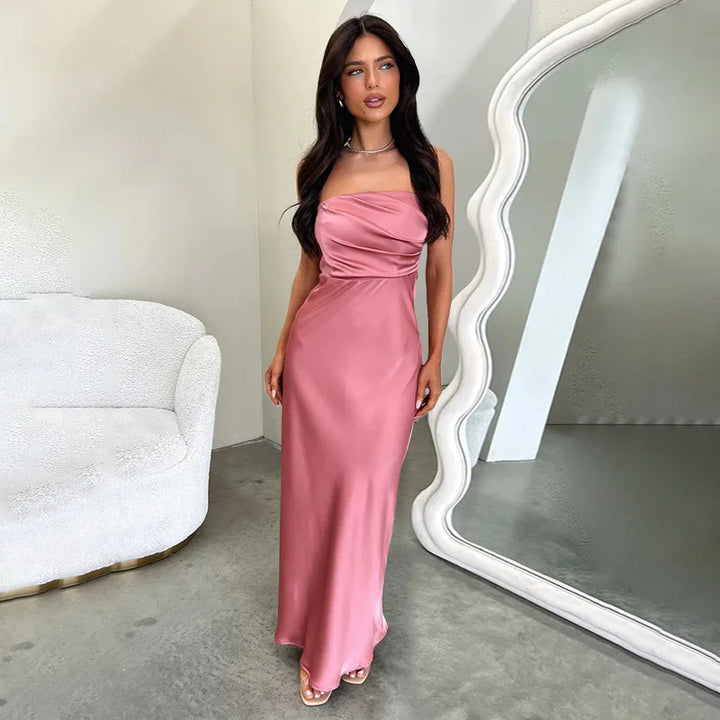 Maxi Strapless Satin Dress with Pleated Design - Rosa