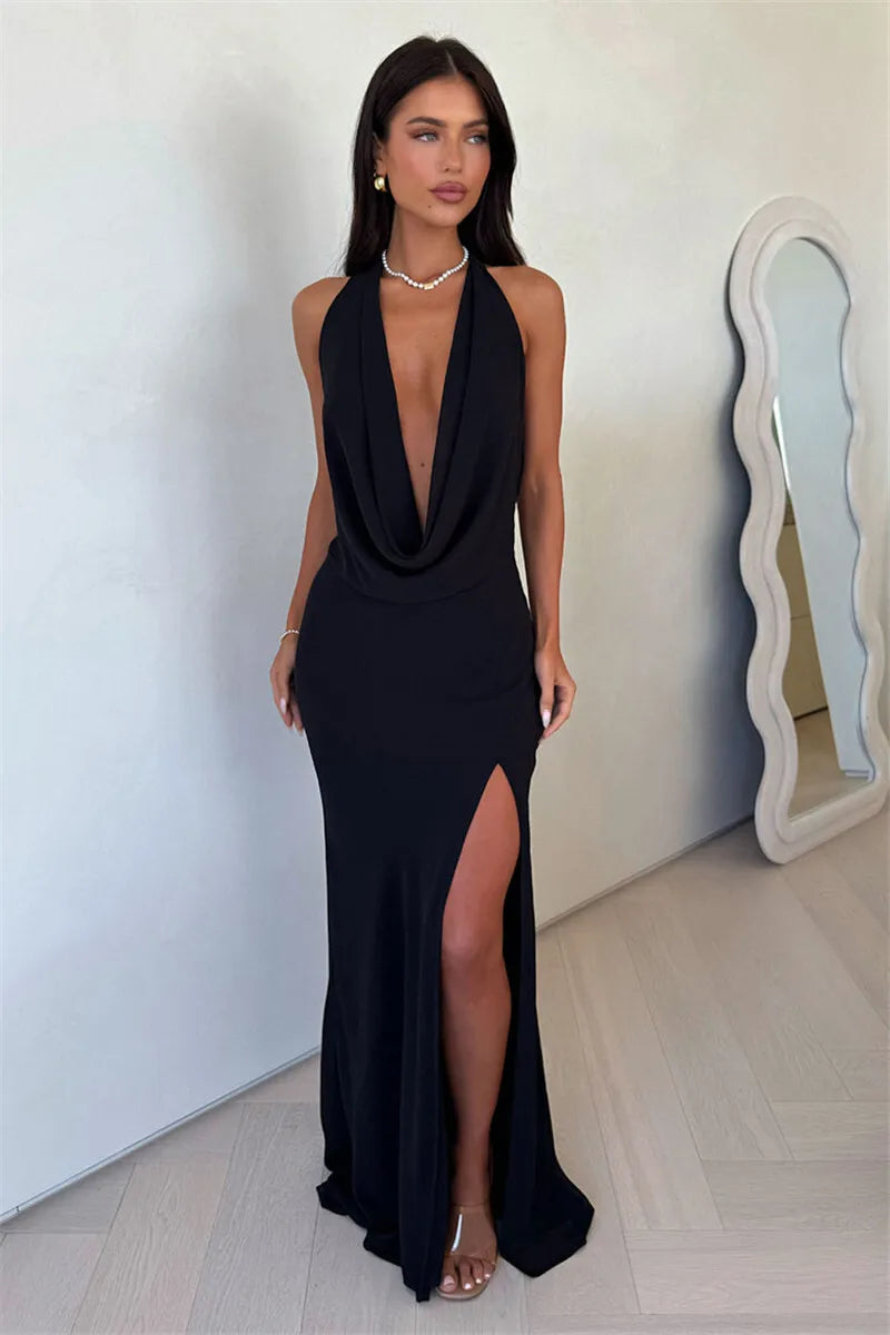 Maxi dress with draped V neckline, tie slit, and open back - Miren
