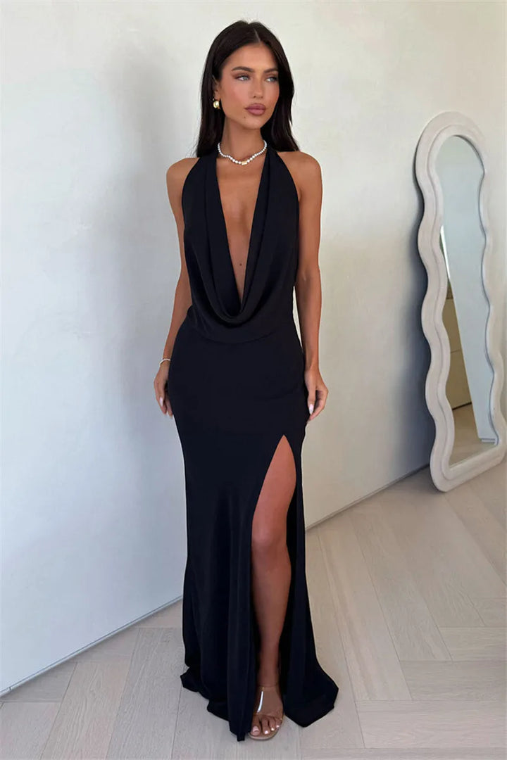 Maxi dress with draped V neckline, tie slit, and open back - Miren