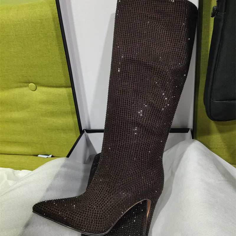 High Pointed Heel Boots with Sparkling Rhinestone Design - Josie