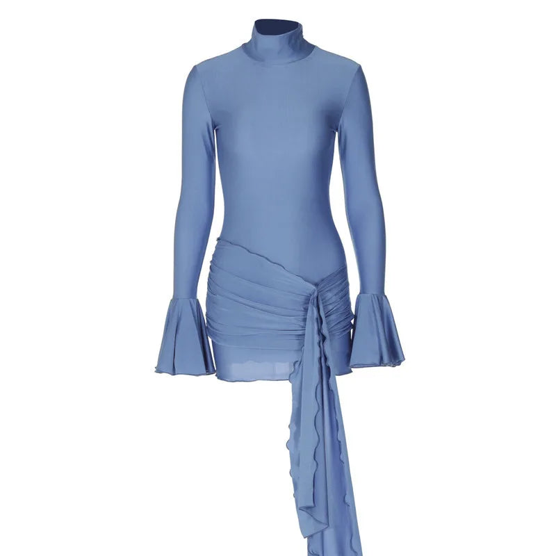 Turtleneck mini dress with bell sleeves and ruffle detail - Jenna
