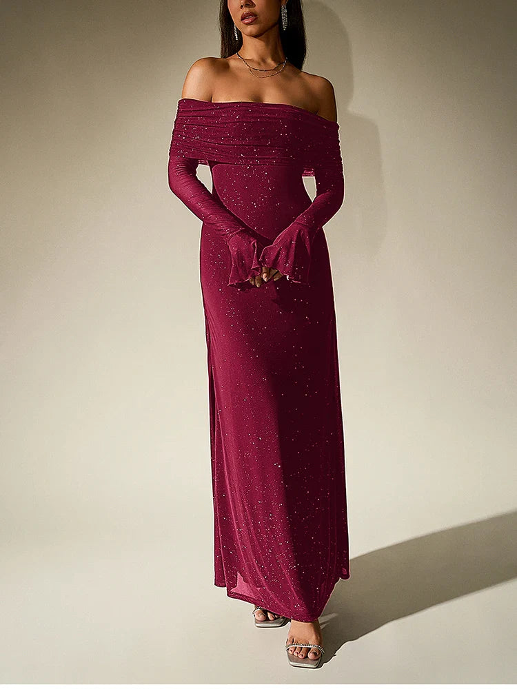 Sequin maxi dress with off-shoulder design and bell sleeves - Margarita