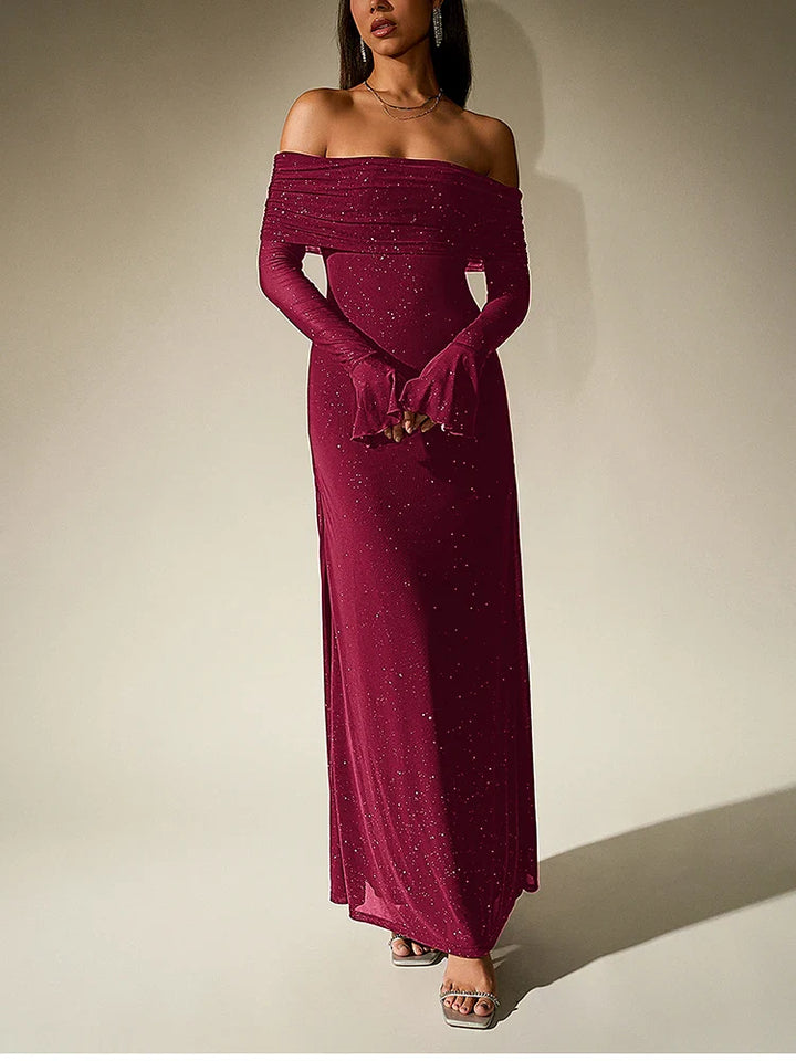Sequin maxi dress with off-shoulder design and bell sleeves - Margarita