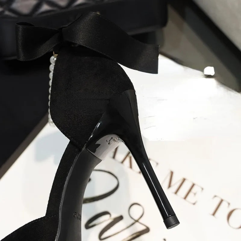 Suede Pointed Heel Shoes with Pearls and Satin Bow - Pearl