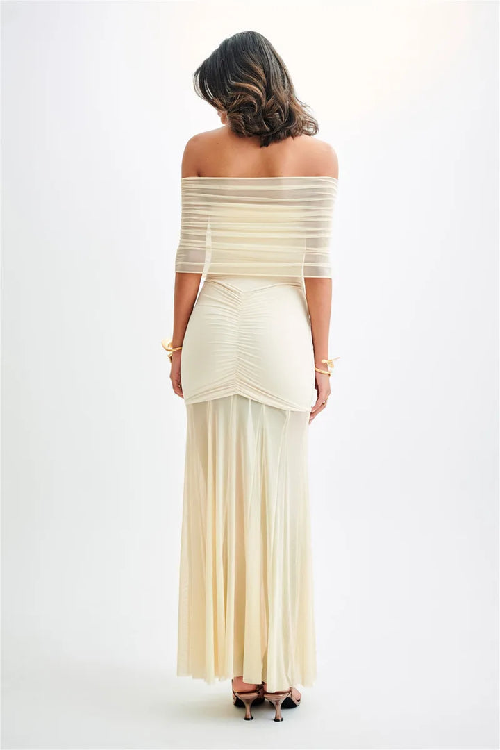 Chiffon Maxi Dress with Gathered Off-the-Shoulder Design - Delilah