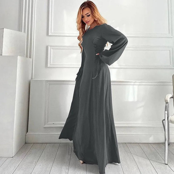 Modest knitted A-line maxi dress with waist ties - Liri
