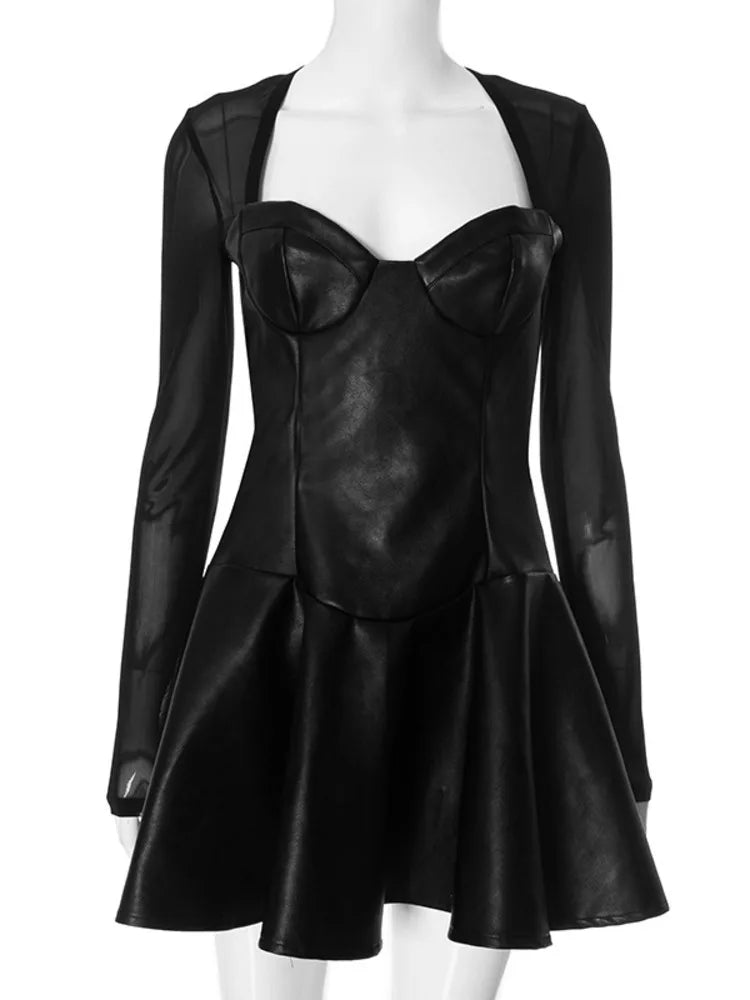 A-line faux leather mini dress with mesh sleeves - Ofek
