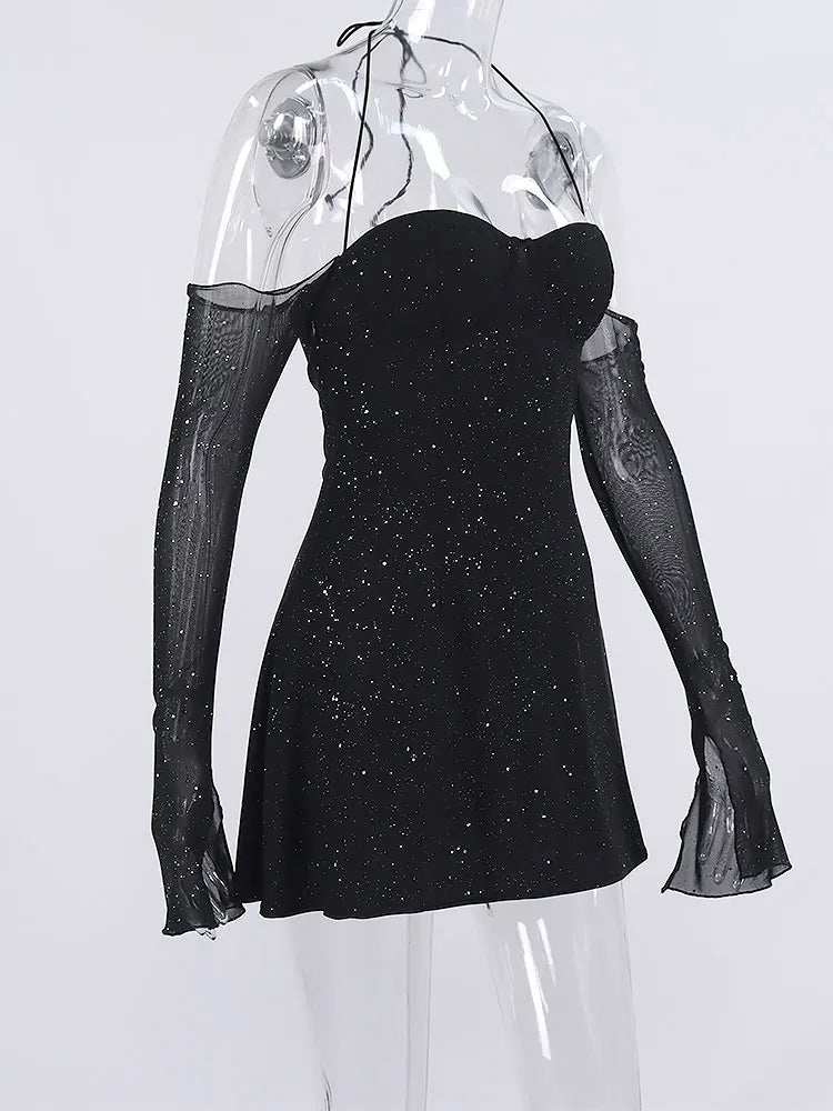 Sequin Mini Dress with Off-Shoulder and Mesh Sleeves - Barbara