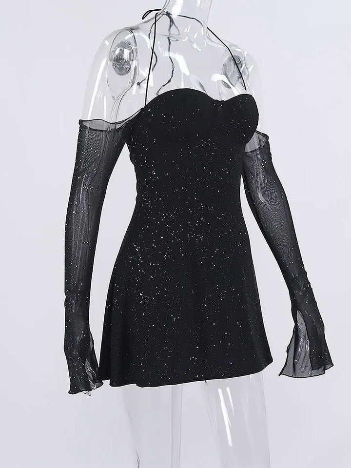 Sequin Mini Dress with Off-Shoulder and Mesh Sleeves - Barbara