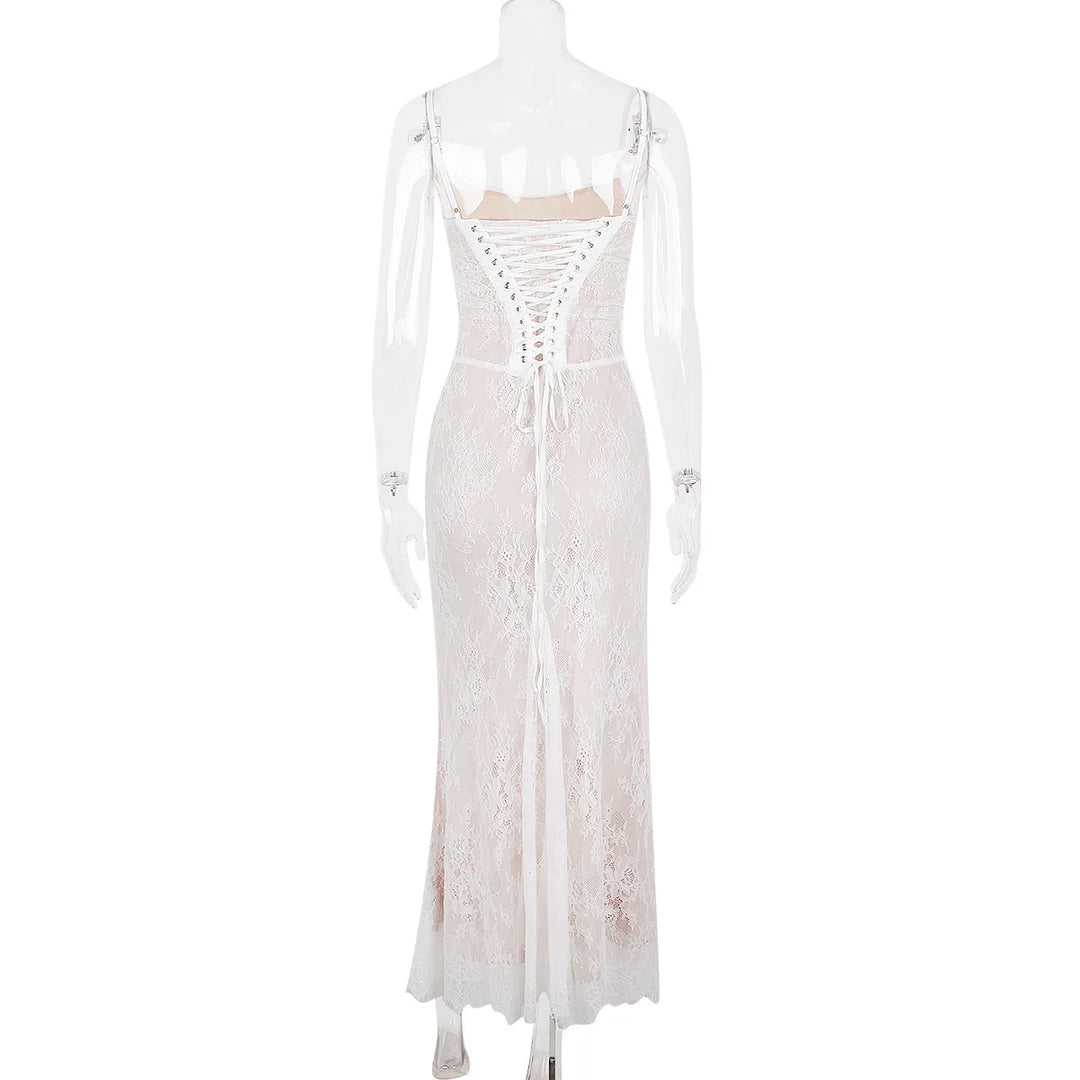 Elegant Maxi Lace Dress with Lace Sleeve Overlay - Ilia