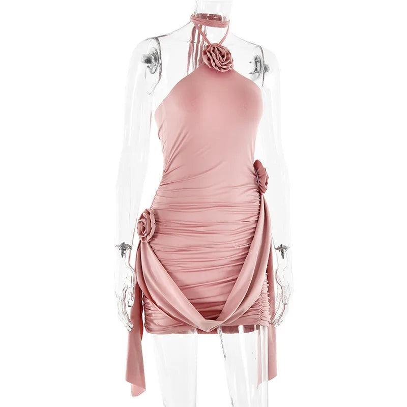 Ruched mini dress with neck tie and floral appliqué - Jasmina