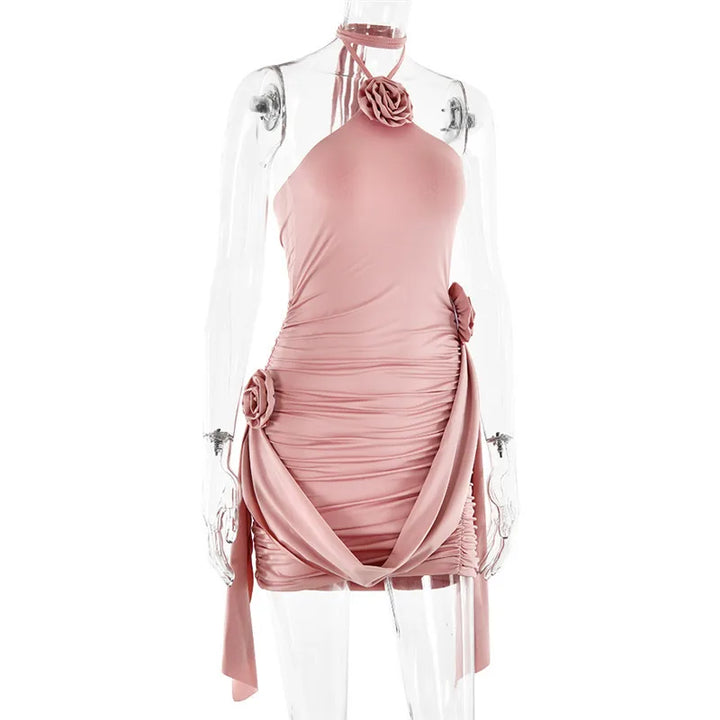 Ruched mini dress with neck tie and floral appliqué - Jasmina