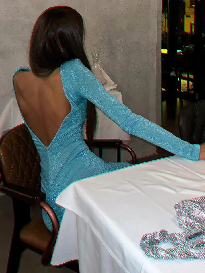 Fitted Midi Sequin Dress with Open Back - Rosemary