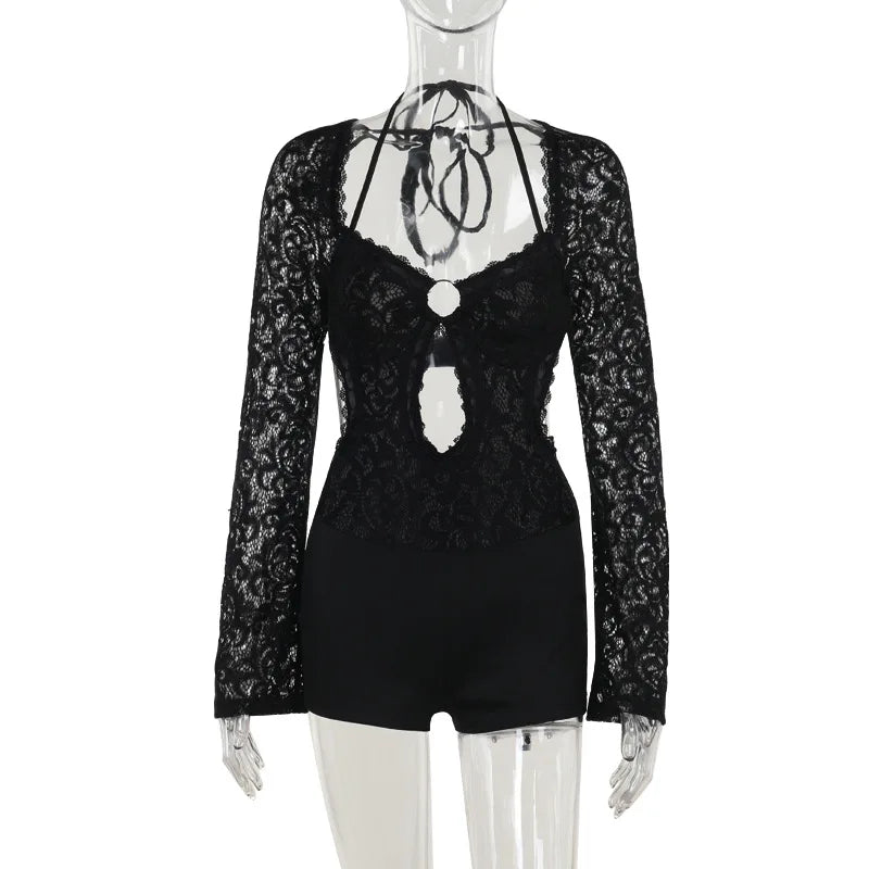 Short lace jumpsuit with long sleeves, hoop design, and open back - Hunter