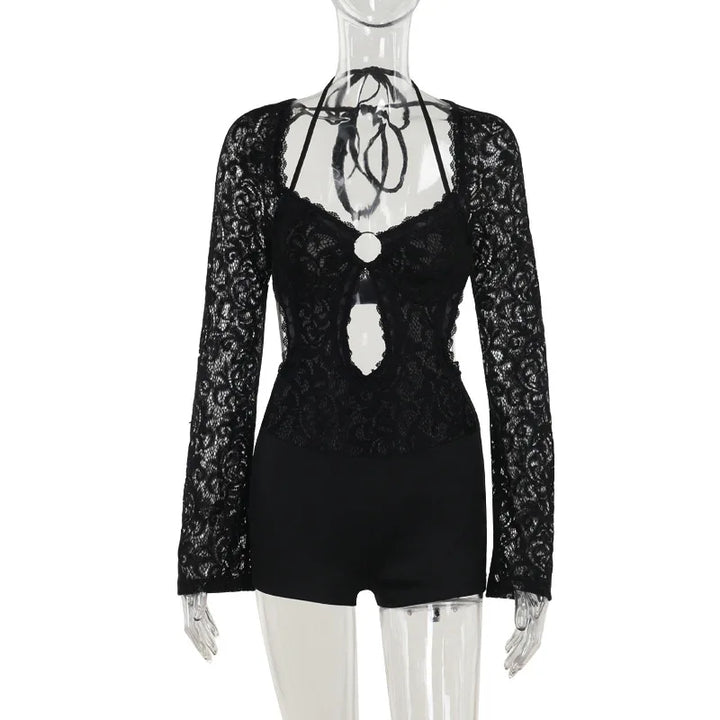 Short lace jumpsuit with long sleeves, hoop design, and open back - Hunter