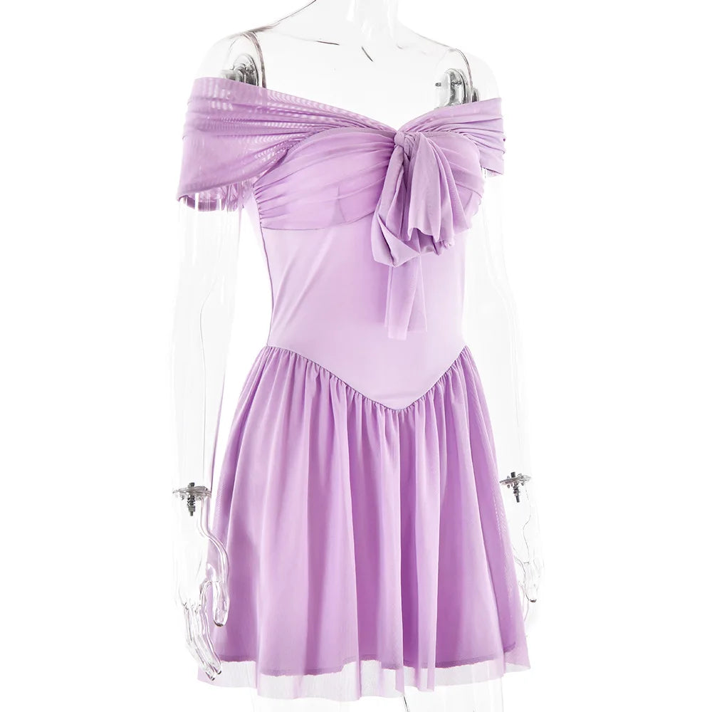A-line Chiffon Mini Dress with Off-Shoulder - Naya
