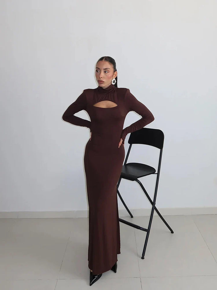 Elegant Maxi Dress with Slit Decoration and Turtleneck Collar - Eliana