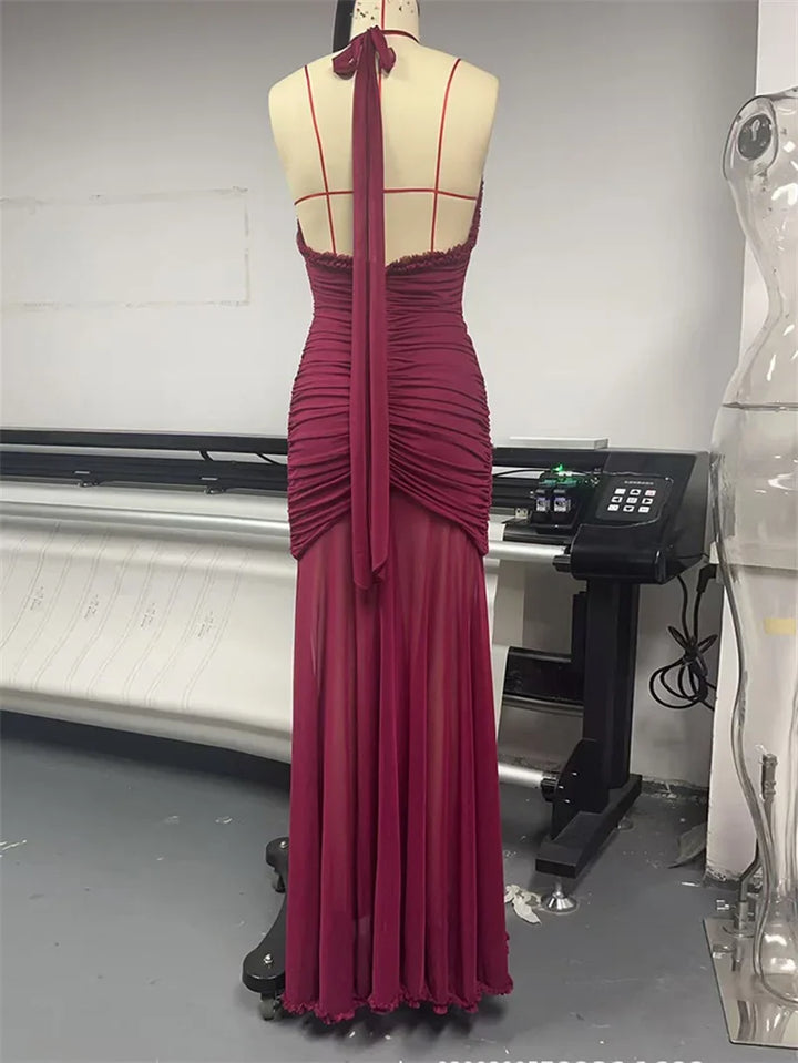 Maxi chiffon dress with ruffles, tie neck, and open back - MARGARITA