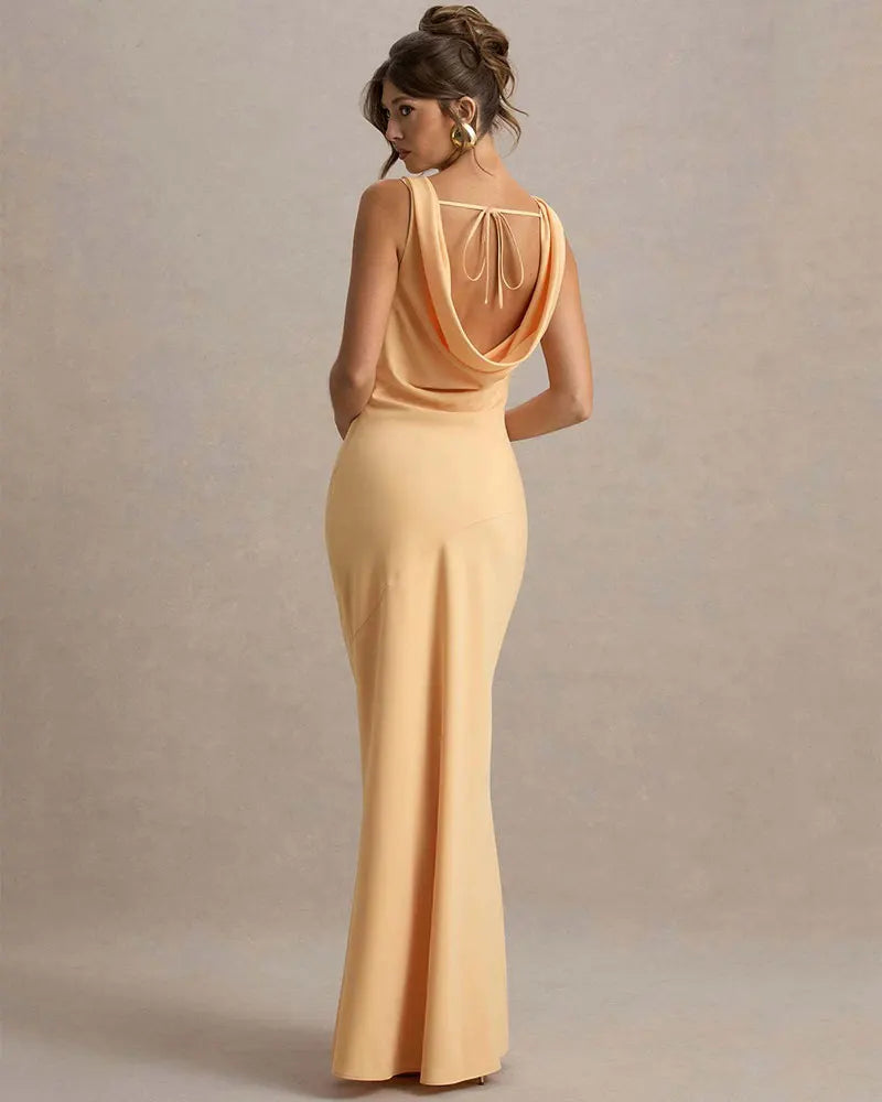 Maxi satin dress with draped collar and open back - Alexis