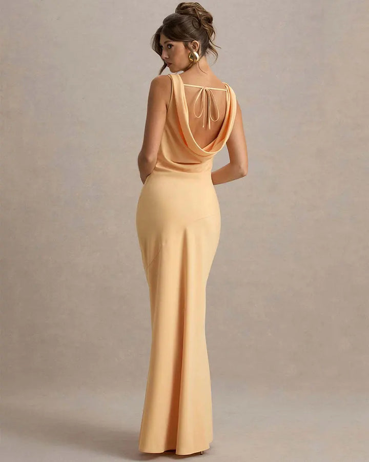Maxi satin dress with draped collar and open back - Alexis