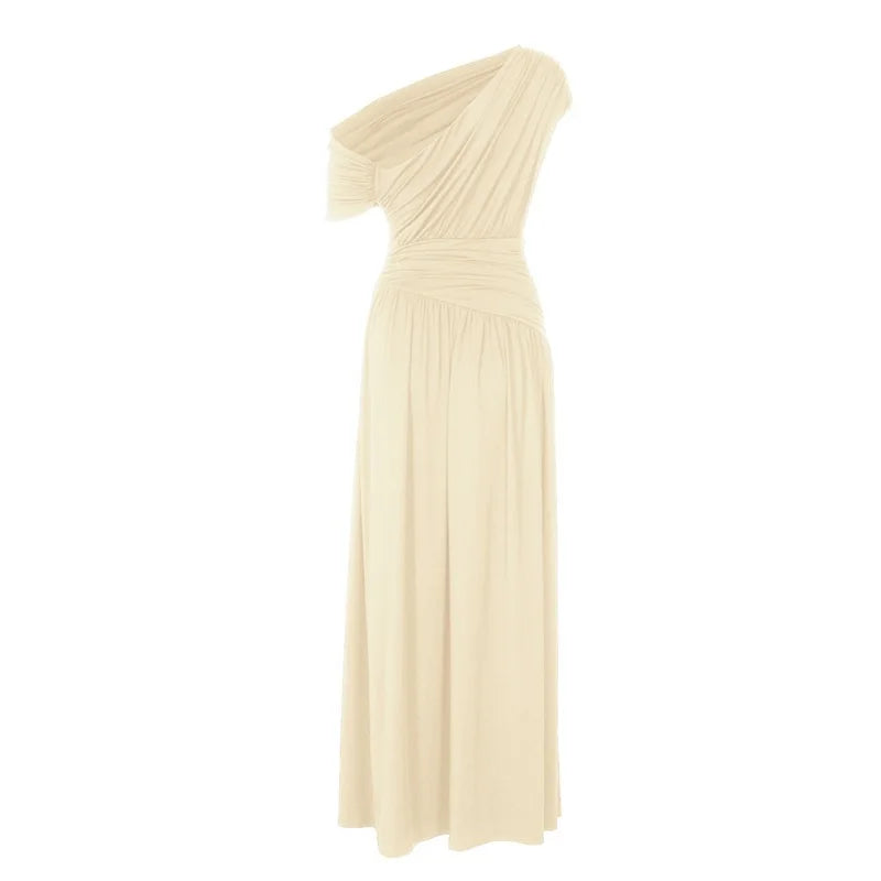 Elegant maxi pleated dress with one shoulder exposed - Maylin