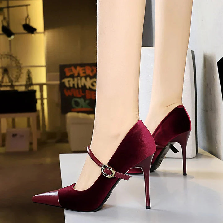 Pointed Heel Shoes with Velvet and Faux Leather Buckle Decoration - Mabel