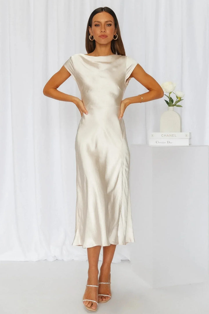 Midi satin dress with slit and open back design - Shray