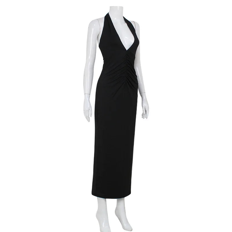Maxi Dress with Ruching, V-Neckline, and Neck Tie - Nevaeh
