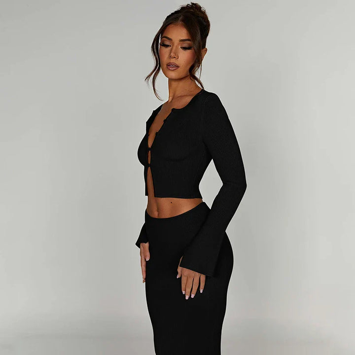 Knitted two-piece set: button-up shirt and fitted maxi skirt - MARIEL