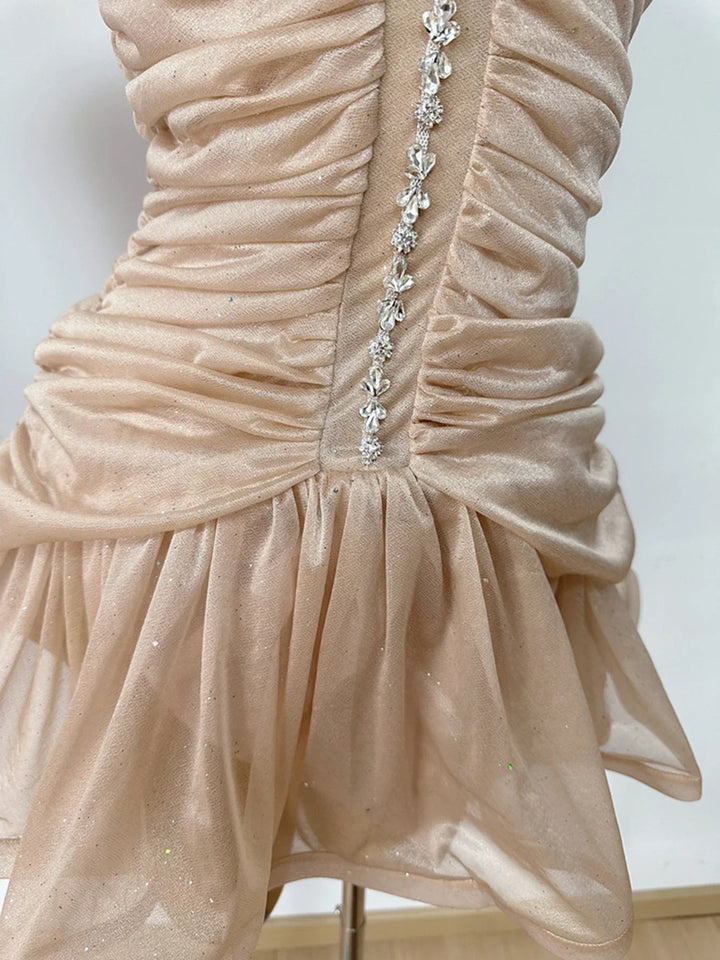 Chiffon Pleated Ruffled Mini Dress with Diamond and Sequin Decoration - Yava