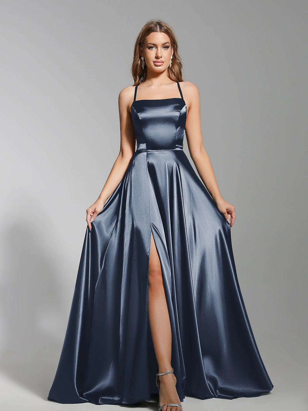 Elegant Maxi Satin Dress with Slit, A-Line Design, Back Tie - Prince