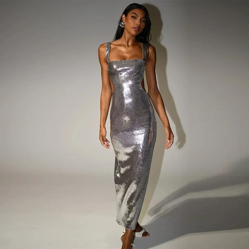 Sequin Maxi Dress with Open Back and Waist - Catalina