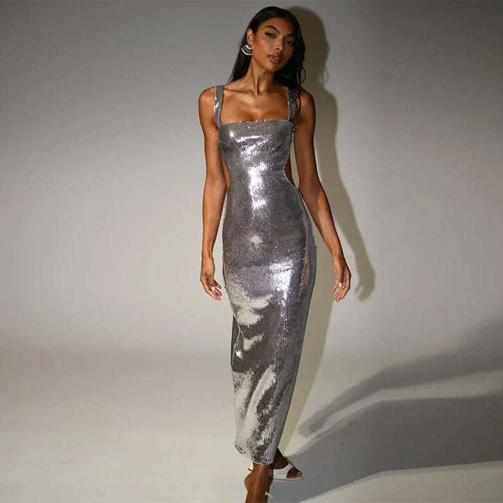 Sequin Maxi Dress with Open Back and Waist - Catalina