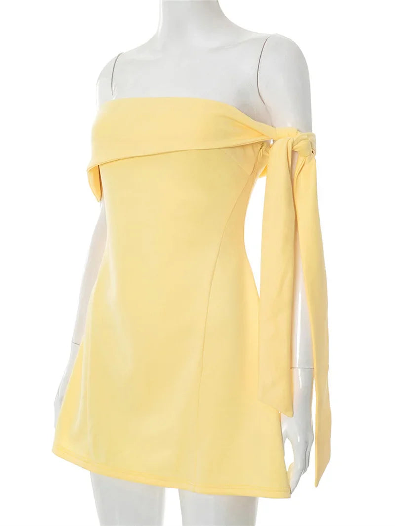 Mini A-line dress with bare shoulders decorated with tie - Sheli