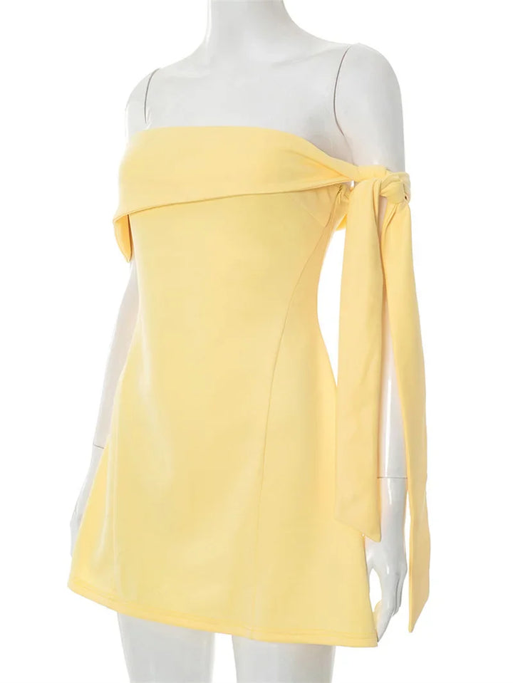 Mini A-line dress with bare shoulders decorated with tie - Sheli