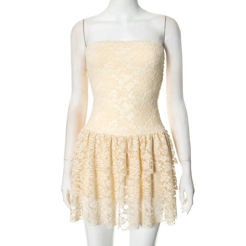 Strapless mini dress with tiered lace ruffle design - Mia Li