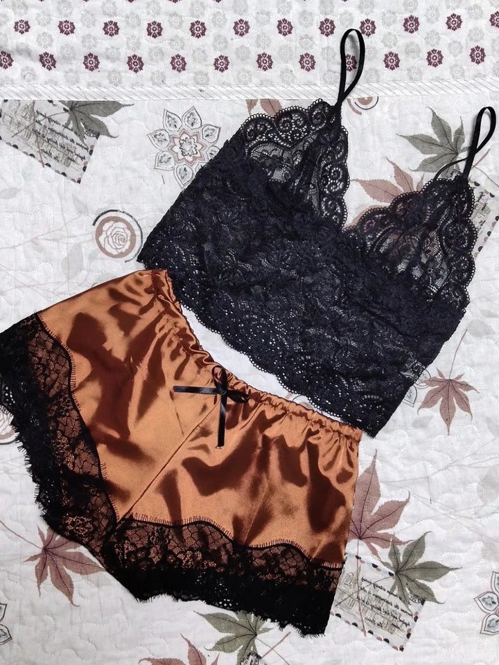 Babydoll Set with Satin Shorts and Lace Top - Noelle