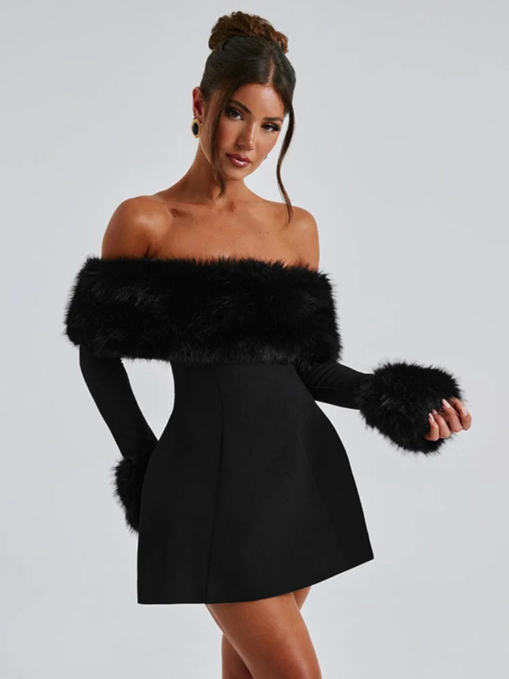 Off-shoulder A-line mini dress with feather fur detail - Ira