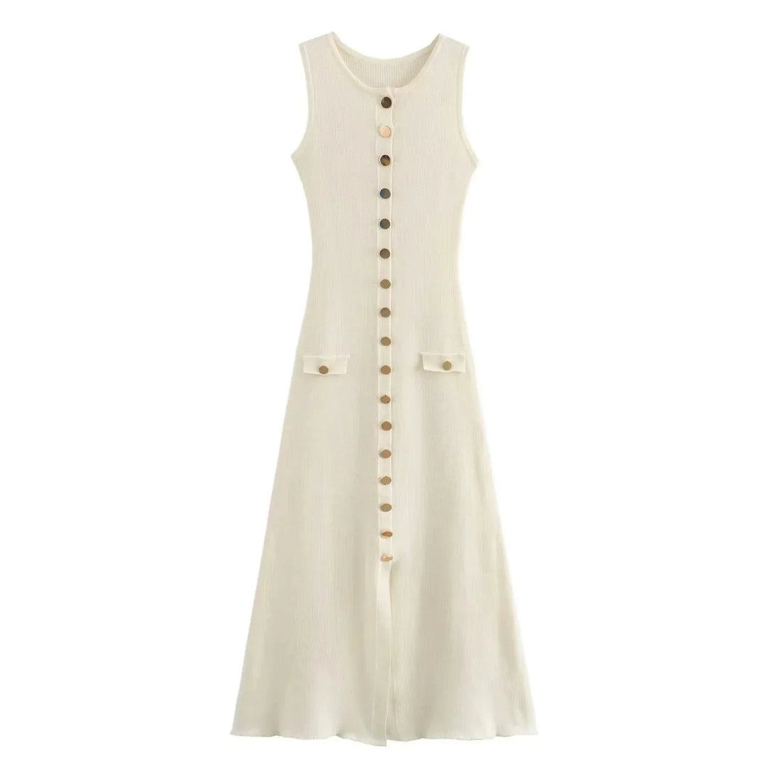Elegant Knitted Midi Dress with Button Decoration and Small Slit - Pierre