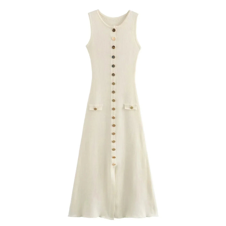 Elegant Knitted Midi Dress with Button Decoration and Small Slit - Pierre