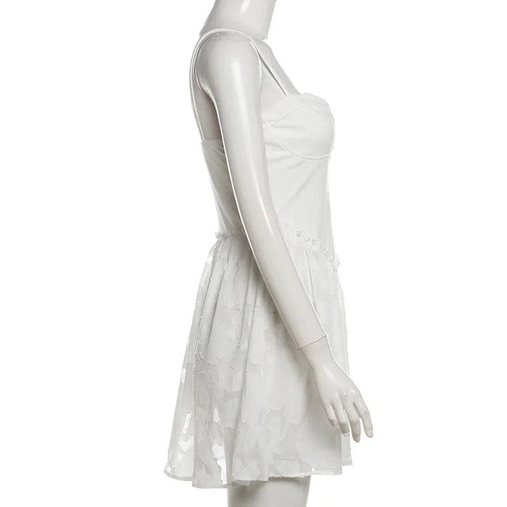 A-Line Mini Dress with Spaghetti Straps and Leaf and Flower Embroidery - Shila