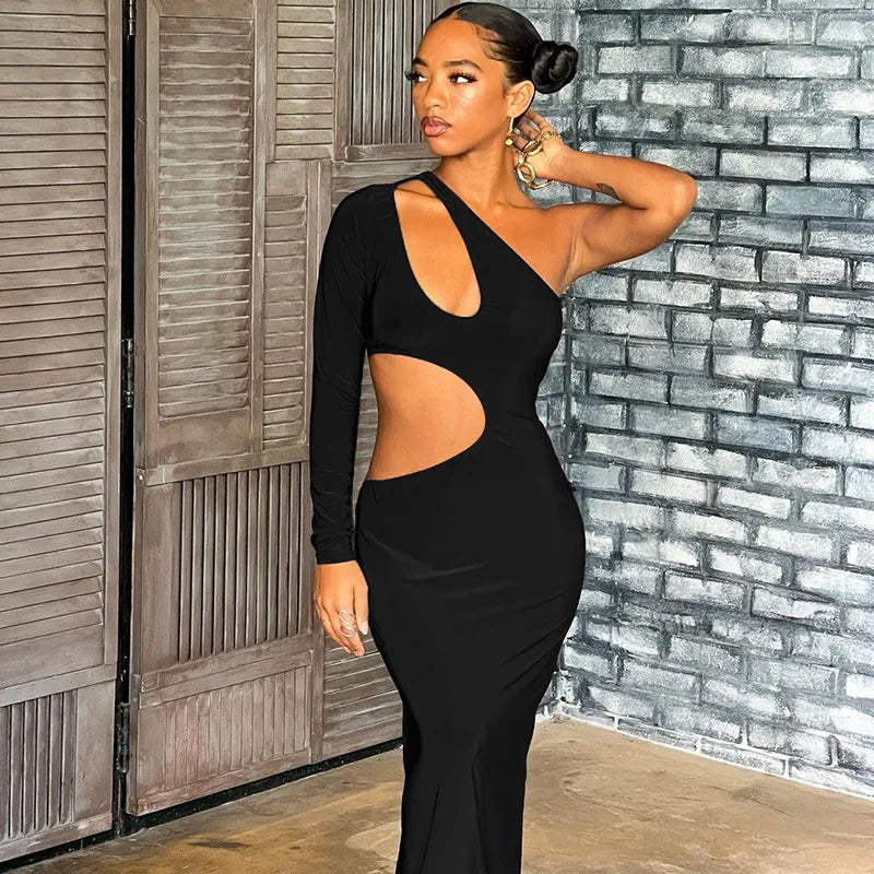 Fitted Maxi Dress with One-Sleeve Cutouts - Carolina