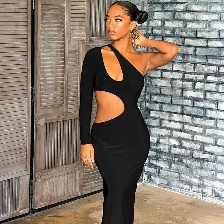Fitted Maxi Dress with One-Sleeve Cutouts - Carolina