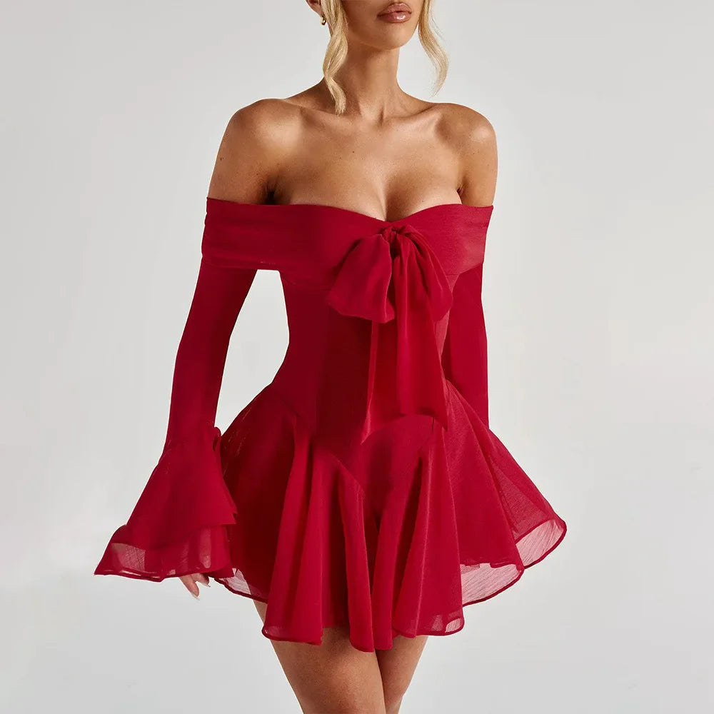 A-line Chiffon Mini Dress with Off-Shoulder - Lilyana
